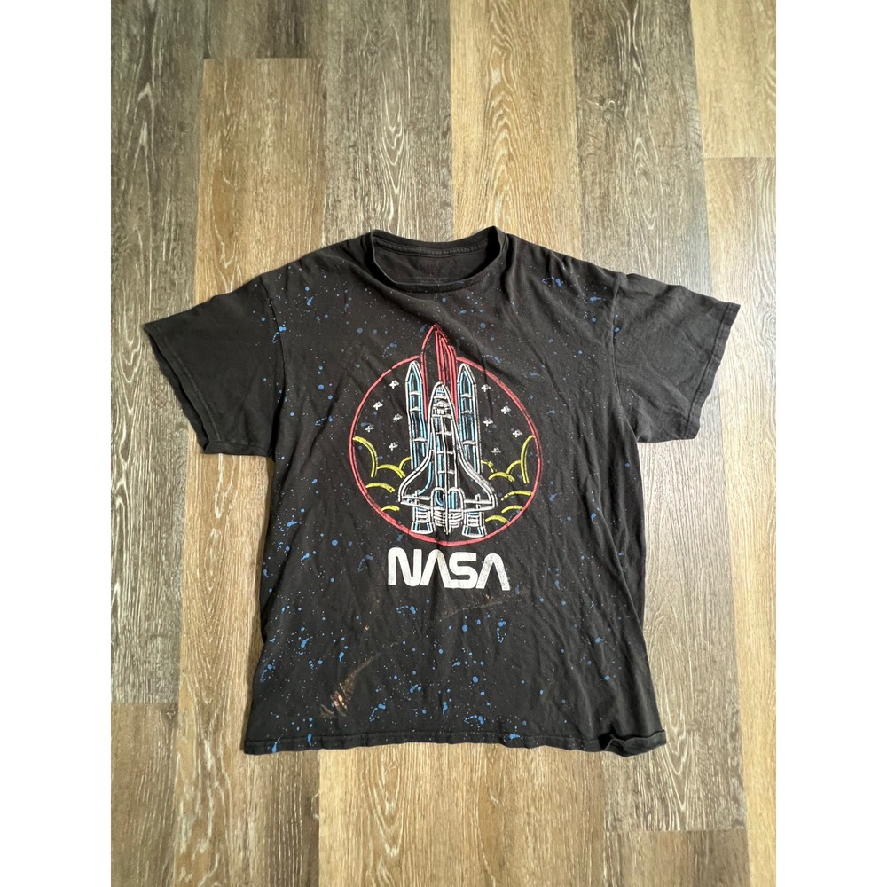 Freeze NASA Graphic Tee Mens Large Black Space Shuttle Galaxy Splatter Shirt